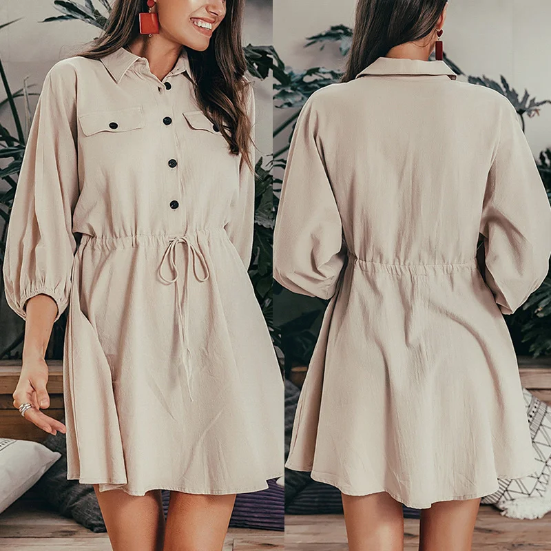 

New Arrival Women Cropped Sleeves Cotton Linen Dress Lapel Waist Wrapped Autumn Dress