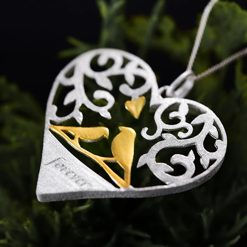 Lotus Fun Real 925 Sterling Silver Handmade Fine Jewelry Romantic Bird in Love Heart Shape Pendant without Chain for Women