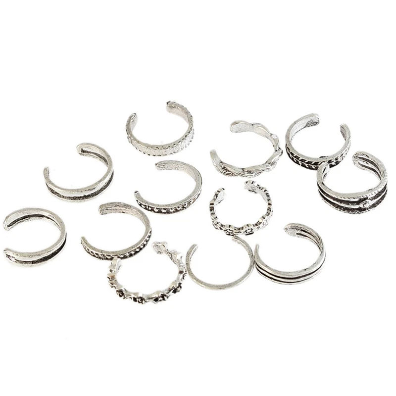 

12Pcs/Set Mix Toe Ring Set Fashion Retro Carved Flower Adjustable Toe Foot Rings For Women Open Finger Ring Jewelry