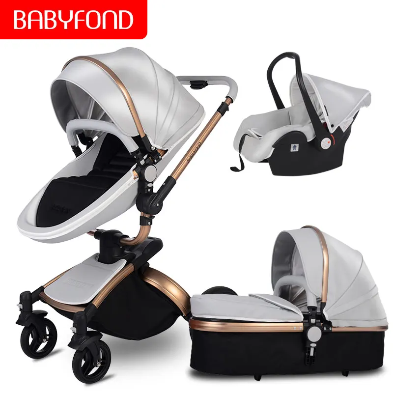 Babyfond Роскошная детская коляска 3 в 1, модная коляска с поворотом на 360 градусов, двусторонняя коляска из полиуретана и алюминиевого сплава, Золотая рама, детская коляска - Цвет: grey 3 in 1