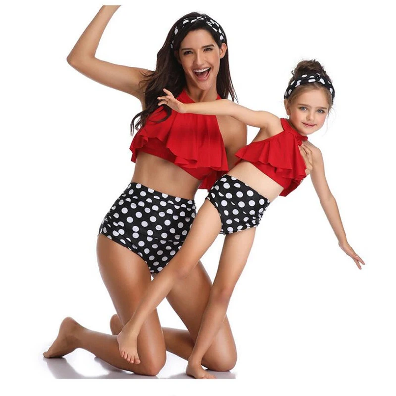 2019 Summer Family Matching Outfits Swimwear Mother Daughter Printed Dots Swimsuit Bikini Bathing Suit Flounce Design Swimwear (8)