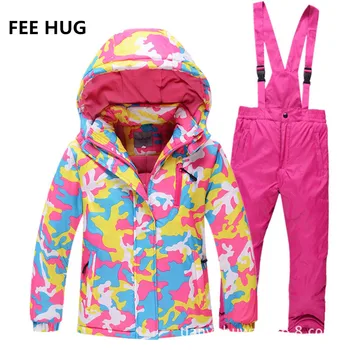 

FEE HUG Fleece Snow Ski Clothes Sets Children Girls Waterproof Windproof Sporty Ski Suits Boys Girls Camouflage Jackets Outwear