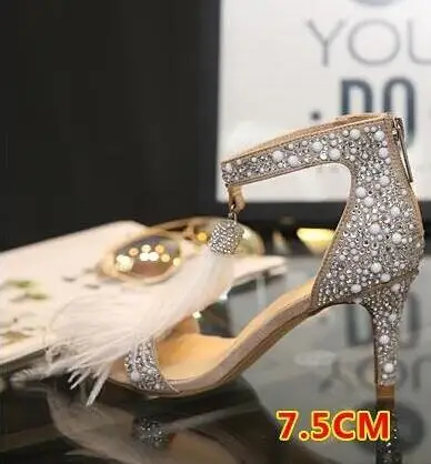 Лидер продаж; украшенные кристаллами белые босоножки на высоком каблуке с перьями бахрома Сандалии со стразами свадебная обувь для невесты Для женщин насосы - Цвет: pictures 1