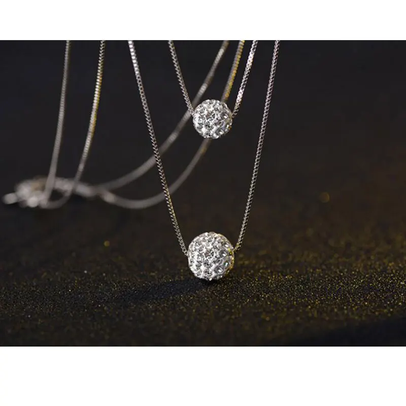 Anenjery 925 пробы Серебряное Двухслойное блестящее CZ циркониевое хрустальное ожерелье с подвеской в виде шара для женщин подарок ожерелье S-N58
