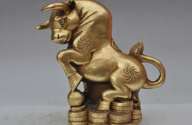 

8" chinese brass wealth money coin Stock Market Wall Street Ox bull Oxen statue