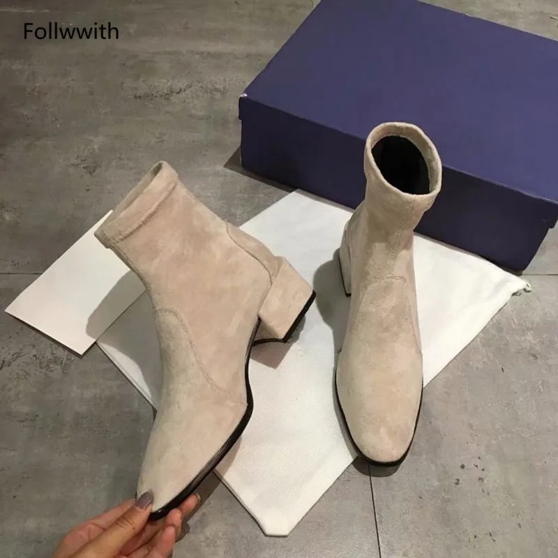 

Beige Suede Botines Mujer 2018 Brand Designer Women Shoes Thick Heels Ankle Boots For Women Slip On Fashion Short Boots Woman
