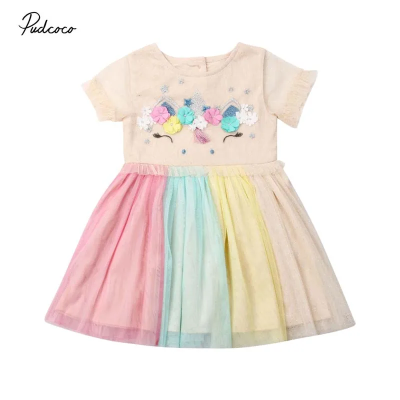 

2019 Brand Elegant Kids Girl Rainbow Dress Baby Toddler 3D Flower Tulle Sleeve Princess Pegeant Party Rainbow Tulle Dress Cute