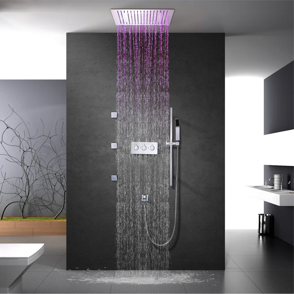 LED Ceiling Shower 16 Inch Thermostatic Shower Faucet Rainfall Bathroom Shower Head Spa Multiple Functions Shower Diverter Brass