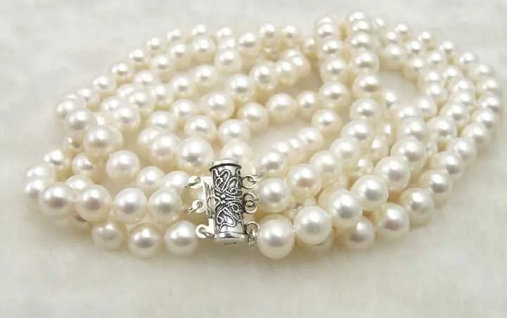 AAA высокое качество 7-8 мм идеальная Круглая Белая жемчужина 3 пряди ожерелье с серебряной застежкой-5348 и розничная