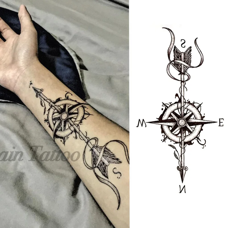 1 шт. компас стрелы горячий черный белый большой цветок хна временная татуировка черный Менди Стиль Водонепроницаемый татуировки стикер