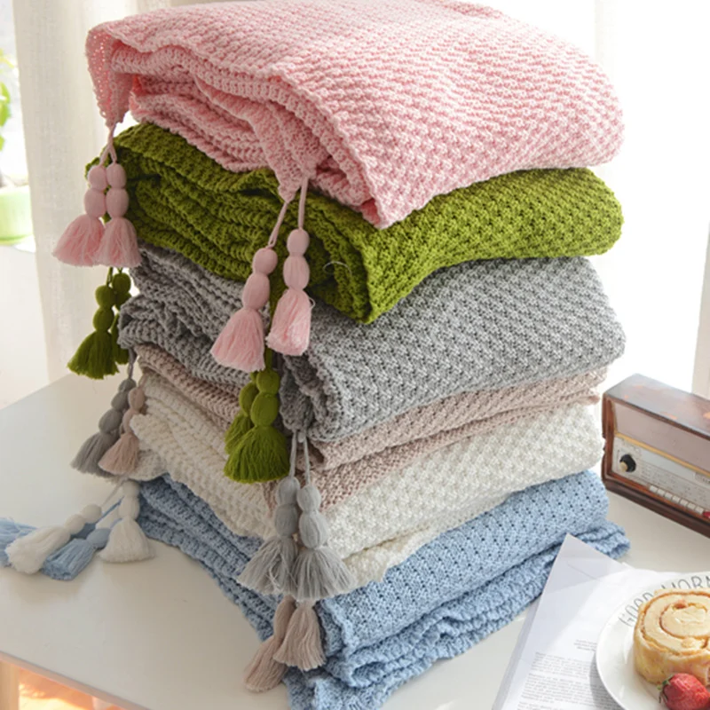 

New arrival 100% cotton handmade high quality soft sofa bed knitted throw blanket 130*170cm green, pink, blue,beige, white