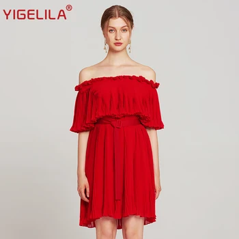 

YIGELILA Fashion Women Red Off Shoulder Dress For Party Summer Slash Neck Empire Slim Belt Knee Length Solid Pleated Dress 63927