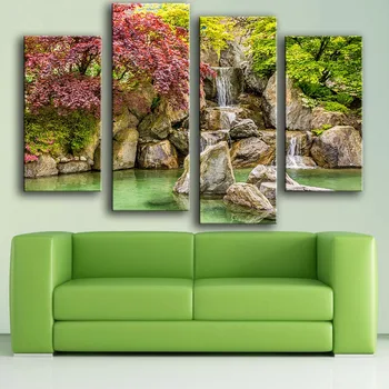 

New product Print Oil Painting Wall painting 4PC Park reservoir rocks waterfall Wall Art Picture For Living Room painting