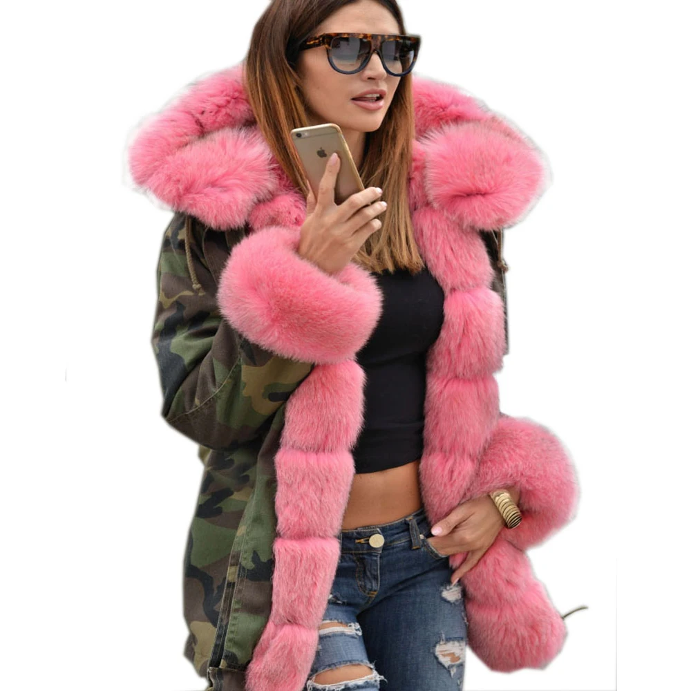 Roiii Army Green Military Jacket Winter Female Pink Artificial Fur Long