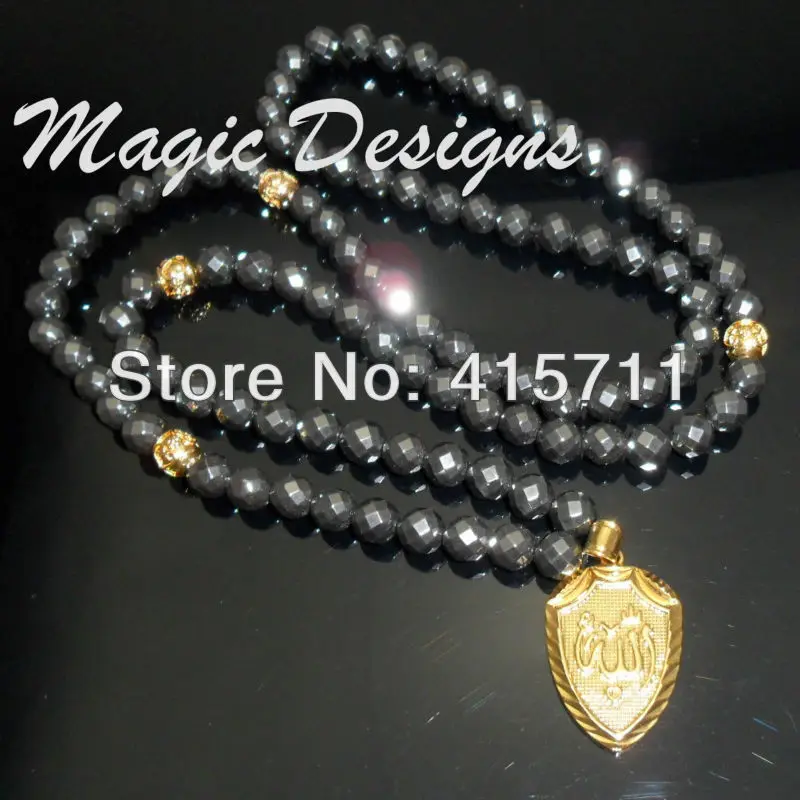 

YH-AN09 Mens Jewelry Islam Necklace Faceted Hematite Beads 24K Gold Color Allah Pendant Necklace