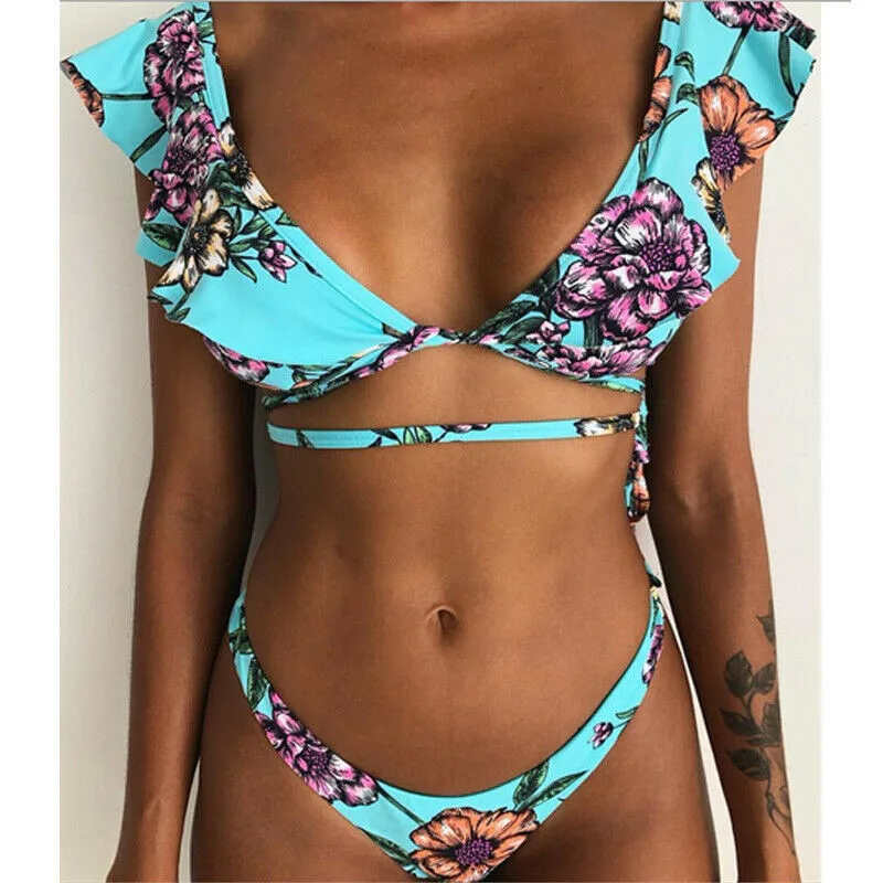 

Women Floral Printed Bikini Set New Sexy Summer Ruffles Swimwear 2PCS Push-up Padded Bra Swimsuit Bandage Backless Beachwear Hot