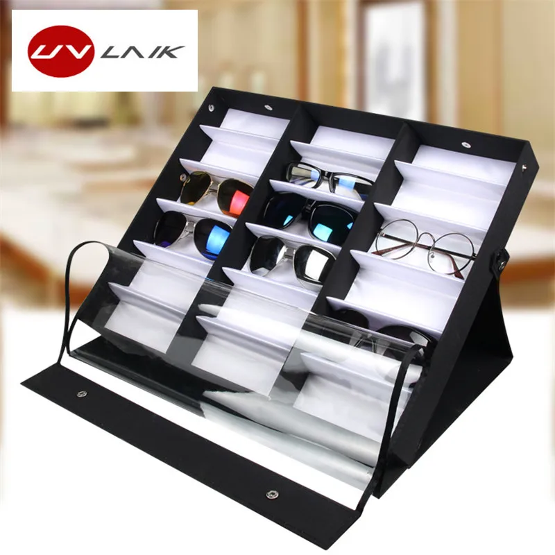 

UVLAIK Black Glasses Display Storage Box 18 Grid Sunglasses Case Vertical Double Lid Glasses Display Box Transparent Cover