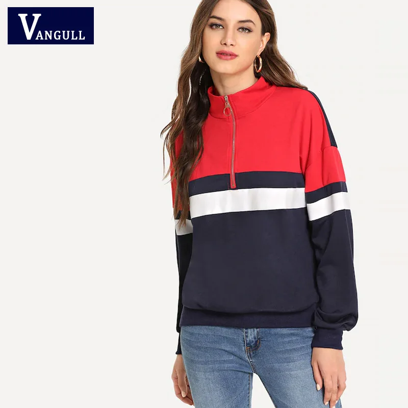

Vangull Women Color Block Sweatshirt Autumn Women Hoodie 2019 New Spring Casual Long Sleeve Striped Pullovers Fashion Female Top