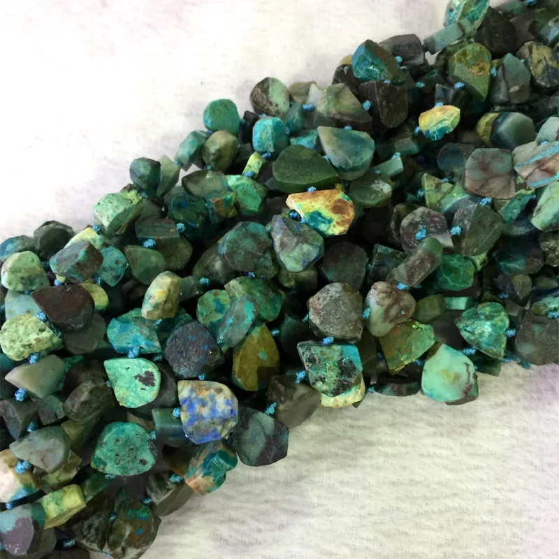 

Natural Genuine Raw Mineral Blue Green Chrysocolla Rough Matte Teardrop Nugget Side Drilled Loose Beads 15" 05555