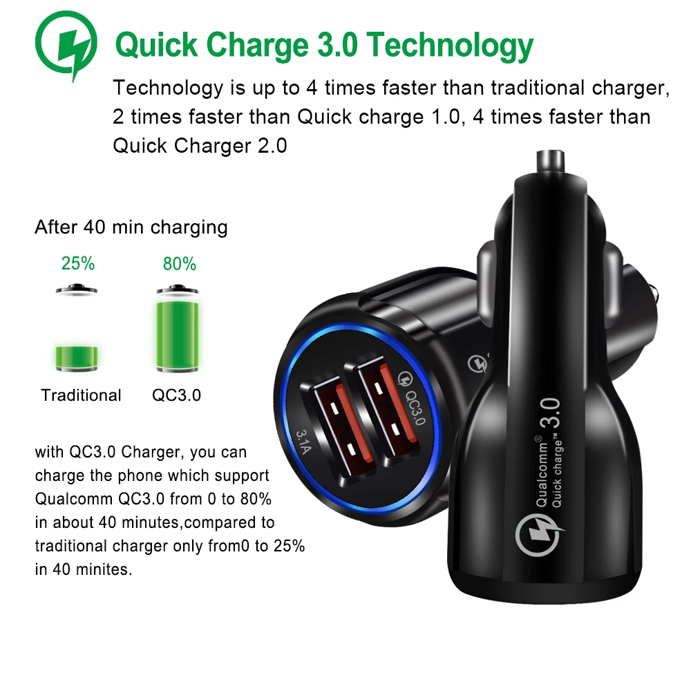 Автомобильное зарядное устройство A.S Quick Charge 3,0, автомобильное зарядное устройство, автомобильное зарядное устройство для Xiaomi, samsung, iPhone X 8, 7, 4, 5, 6, быстрое зарядное устройство для телефона