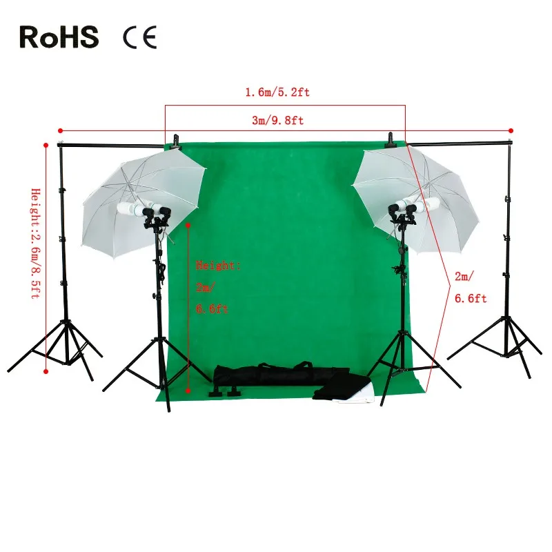 

Photo Studio Backdrop Umbrella Lighting Kit Set +2.6m*3m Background Support Stand+3*non-woven backdrops+4*135w Bulb+2*umbrella