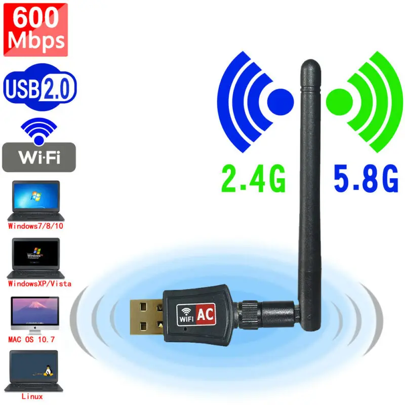 

2019 600Mbps High Speed USB 2.4G / 5G WiFi Adapter Wireless Network Card Smart TV Box aptop Desktop PC Antenna
