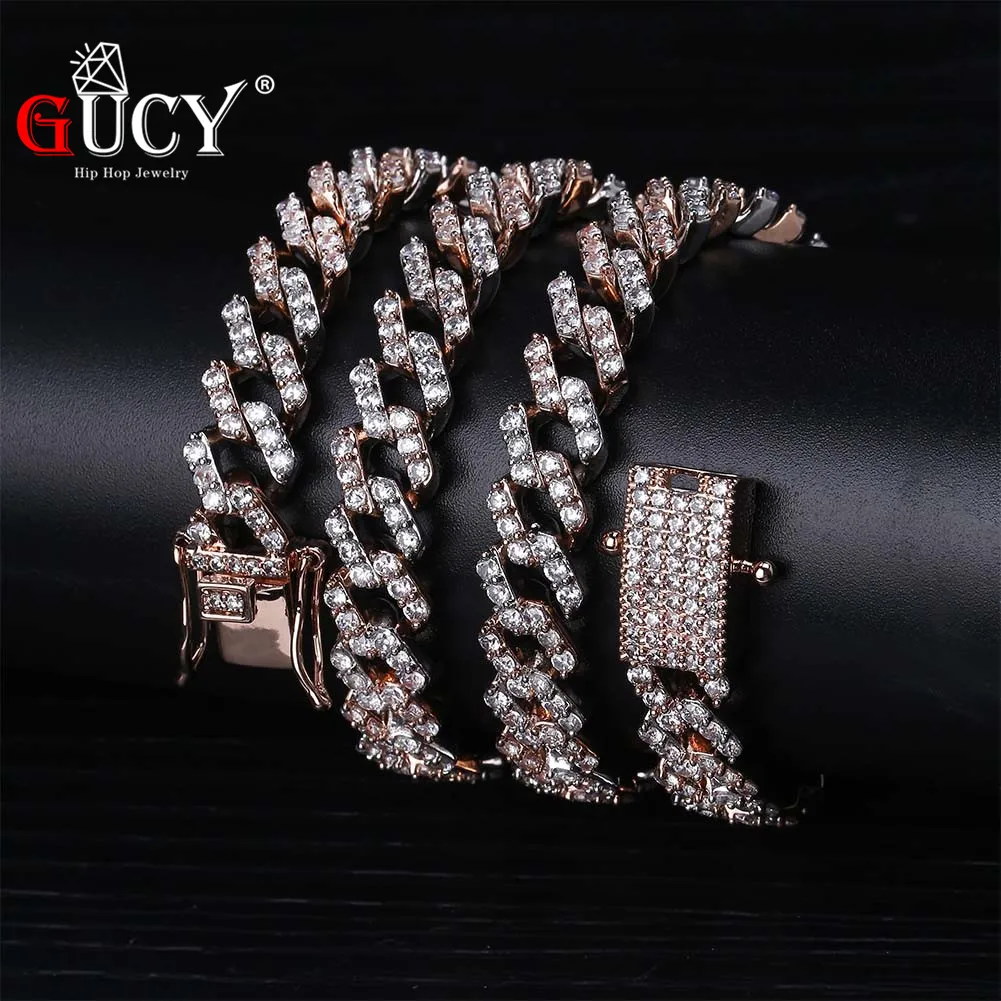 

GUCY 10mm Miami Prong Set Cuban Chains Necklace For Men Gold Silver Hip Hop Iced Out Paved Bling CZ Rapper Necklace Jewelry