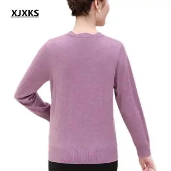 XJXKS 2017 new autumn and winter long-sleeved loose big size beading round neck cashmere sweater women sweaters and pullovers