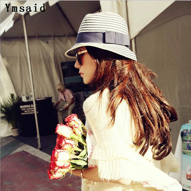 

Fashion Summer Women's Sun Hats Panama Cap Choke Mouth Small Pepper Straw Hat Blue And White Striped Visor Beach Hat Stetson