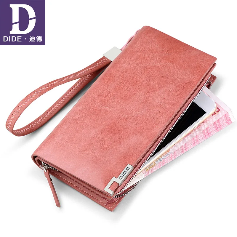 

DIDE 2018 Fashion Ladies Long Wallet Women Genuine Leather Wallet Clutch Female Coin Purse Card Holder Metal brand logo design