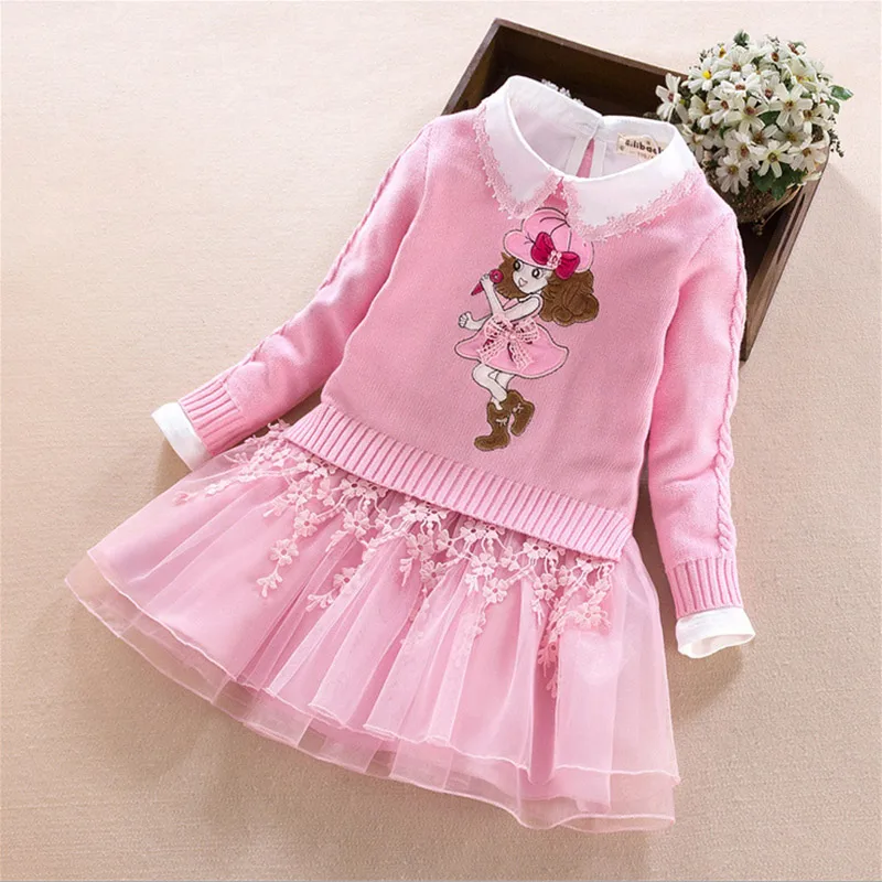 Комплекты одежды для детей, зимний теплый свитер принцессы с мультипликационным принтом для девочек, футболка+ платье, комплект из 2 предметов для маленьких девочек 4, 5, 6, 7, 8, 9 лет, Детский костюм - Цвет: Pink