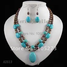 Charming! 2 filas brown de agua dulce collar de perlas + pendiente mujer joyería Caliente de la venta Al Por Mayor envío libre A2513