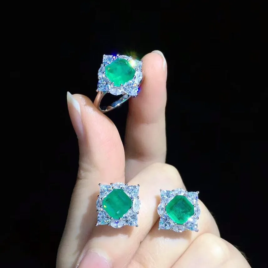 Qi Xuan_Green кольцо S925 посеребренные белые золотые аксессуары Для женщин зеленый циркониевый Цепочки и ожерелья кольцо серьги набор элегантный темперамент