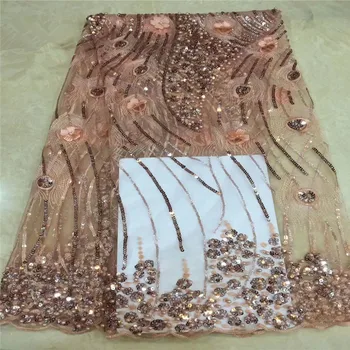 

2019 High Quality African Nigerian Lace Fabrics French Net Embroidery Sequins Beads Tulle 3D Laces Fabric For Wedding xc65-1952