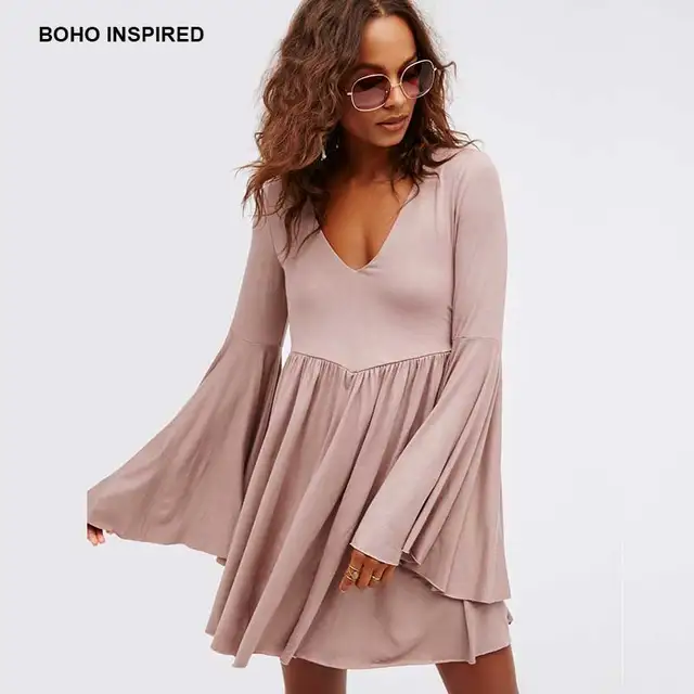 Boho Inspired Dress Women V Neck Bell Sleeve Opening Back Adjule Boho Inspired Dress Women V Neck Bell Sleeve Opening Back Adjule Tie Autumn Unfinished