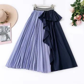 

European Style Summer Ruffles Pleated Skirts Women Elegant High Waist Irregular Patchwork Skirt Long Stripe Skirts Faldas Mujer