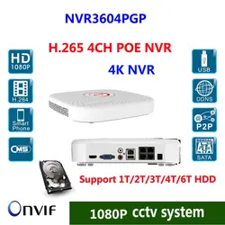 4ch H.265 PoE NVR HDMI/VGA Выход 4 К в реальном времени 1 SATA (макс. 6 ТБ HDD) 2xusb, 9xrj-45 Ethernet P2P, IE, vm удаленного просмотра смартфон