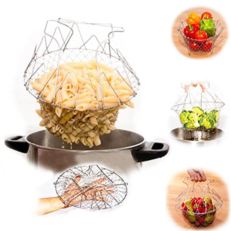 

Folding Chef Basket Multifunctional Steam Rinse Strain Magic Mesh Basket Strainer Net Kitchen Cooking Tool 1PC