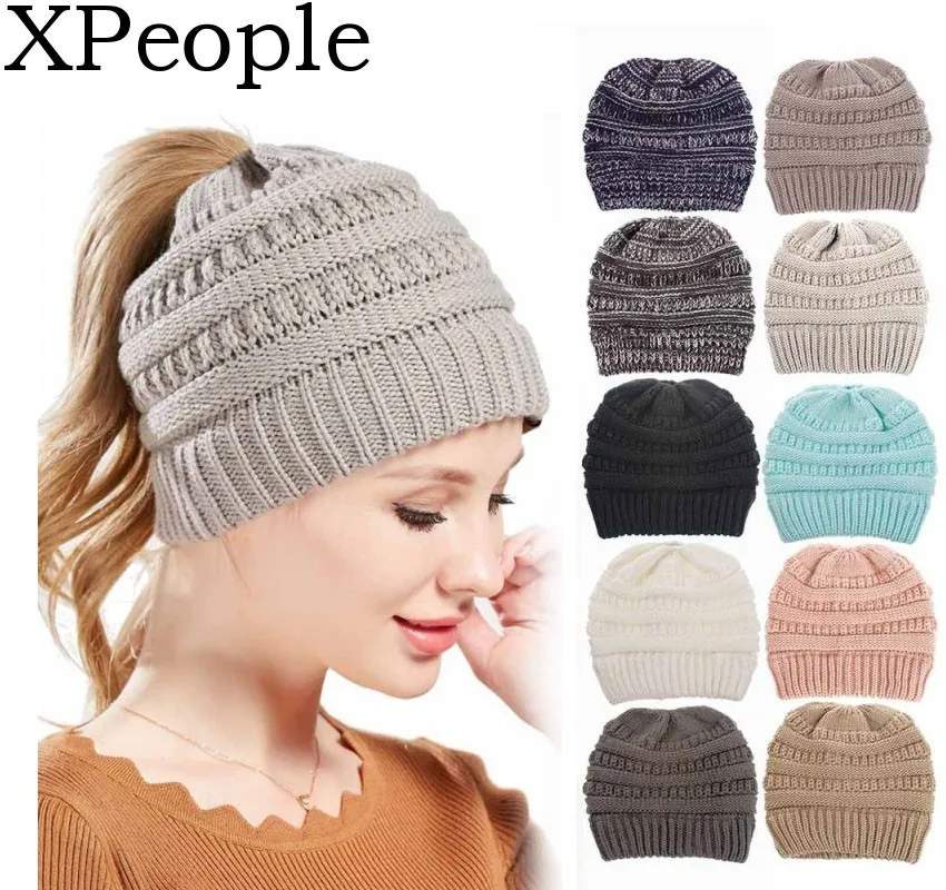 

XPeople High Bun Ponytail Beanie Hat Chunky Soft Stretch Cable Knit Warm Fuzzy Lined Skull Beanie 100% Acrylic Hats for Women