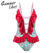 Глубокий v купальный костюм с оборками Купальник женский лиф-бандо большой размер купальники женские купальники бикини с цветочным принтом женский купальник монокини XL