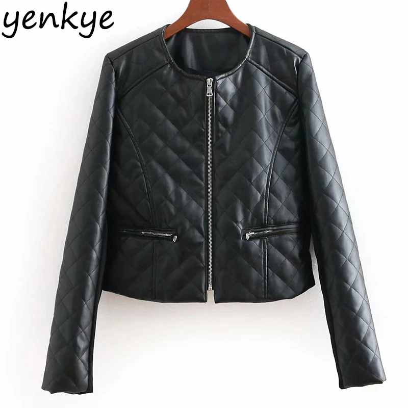 Fashion Women Vintage Black Quilted Faux Leather Padded Jacket Famale Round Neck Long Sleeve 