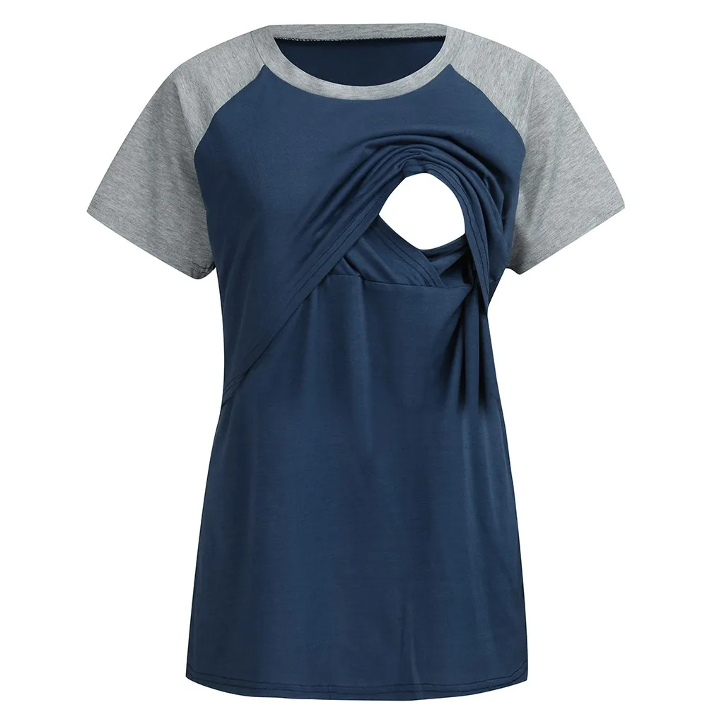 Блузка для кормящих женщин, короткий рукав, рубашка для кормящих, топы для беременных, для грудного вскармливания, Blusas De Embarazadas Mujer, блузка для кормящих - Цвет: Blue