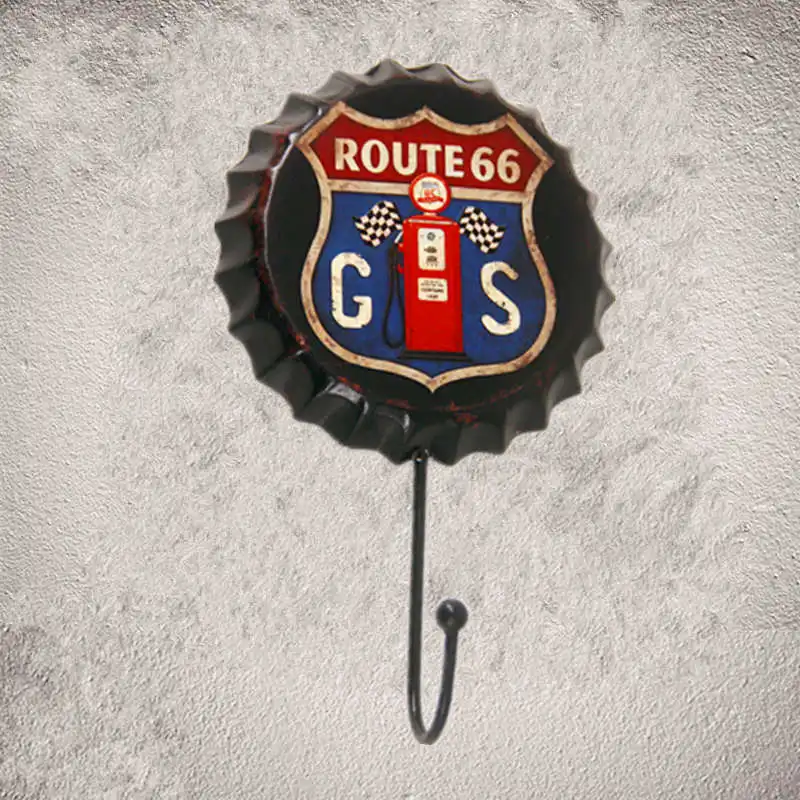 Metal Tin signs Beer Cap Hook Route 66 Gas Garage Wall Hanger Hook Bar Pub Motor Garage Restaurant Coffee Cafe Wall Decor