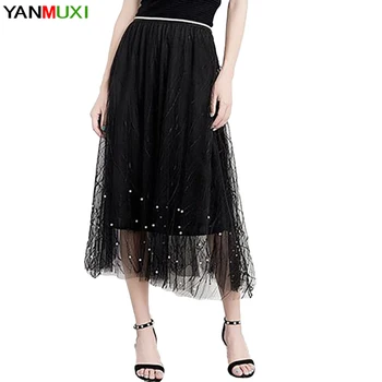 

YANMUXI Black Gray Pearl Decorative Pleated Half-length Skirt Silk Yarn Stitching Mesh Spring Summer Woman Skirt Dropship