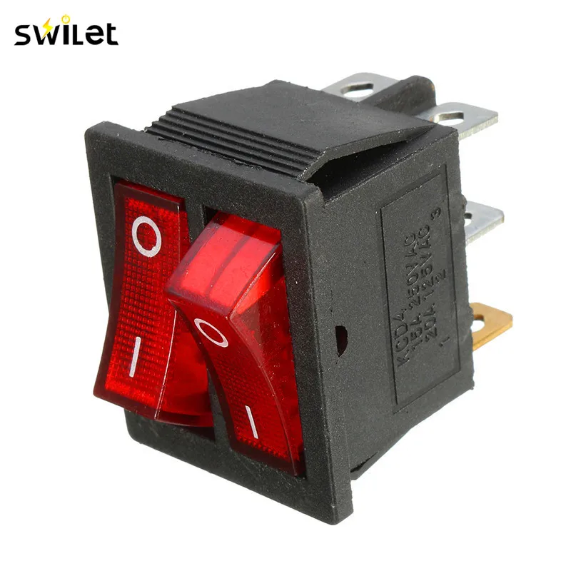 

1PC AC 15A/250V 20A/125V Double Red Light 6 Pin Toggle SPST ON/OFF 2 Way Boat Rocker Switch