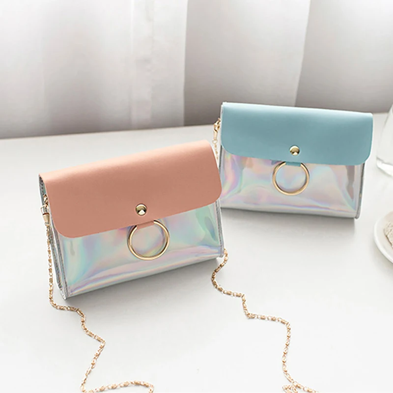 

New 2019 Women PVC Clear Laser Messenger Mini Circle Evening Bag Chain Shoulder Bags Round Small Messenger Handbag Tote Clutch