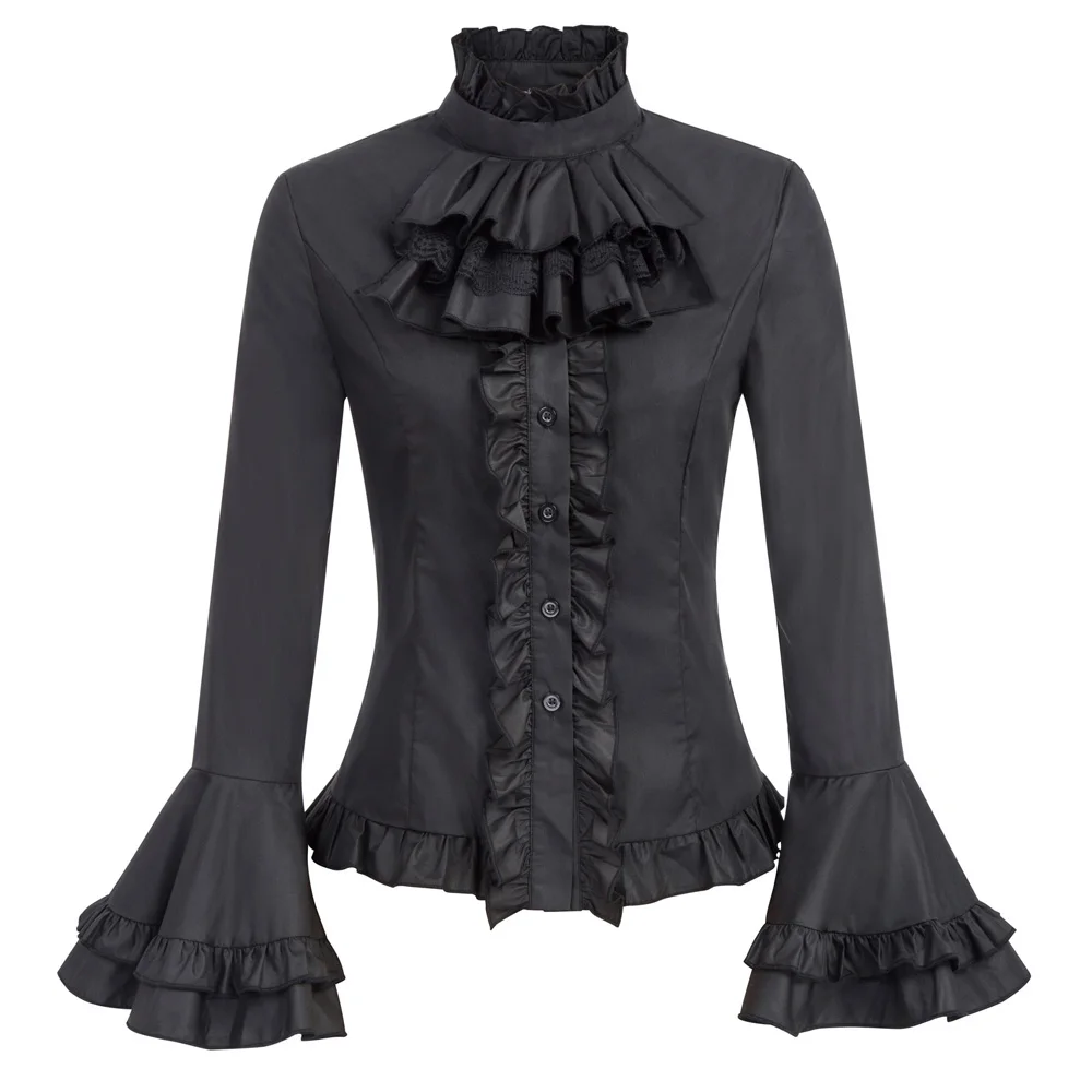 

Women's shirt vintage retro Renaissance Long Bell Sleeve Jabot buttons ruffles blouse party evening elegant High-Low Shirt Tops