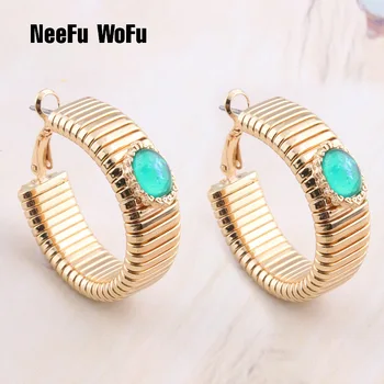 

NeeFu WoFu Hoop Earrings Spring Earring Metal Retro Stone Big Earring For Woman Yellow Gold Large Brinco Ear Oorbellen Gift