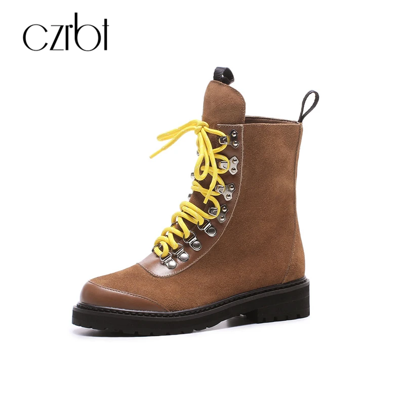 

CZRBT Fashion Motorcycle Boots Women Autumn Winter Genuine Leather Cross-Tied Wedges Heel Mid-Calf Boots Handmade Women Boots