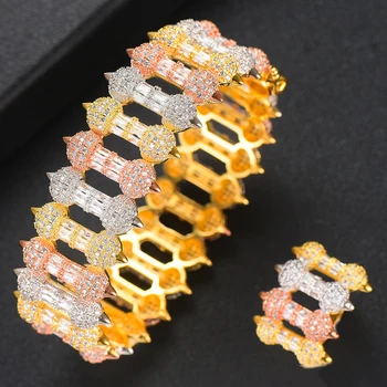 

GODK 2PCS Bracelets/Ring Luxury Cubic Zirconia Open Bangle Resizable Rings Trendy Girls Women Patry Wedding Jewelry Sets